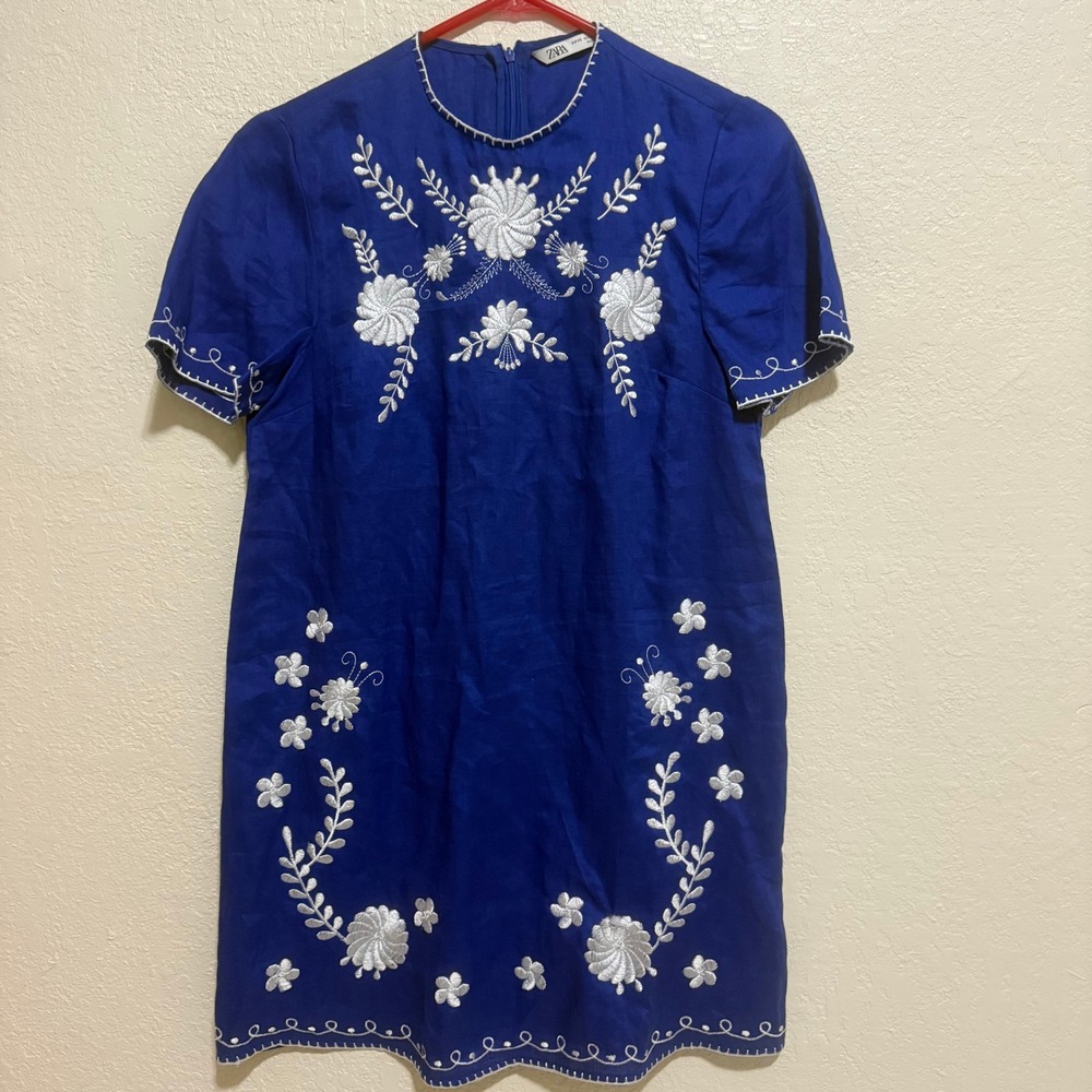 Zara Royal Blue Embroidered Linen Blend Mini Dress Short Sleeve XS 4786/092/400